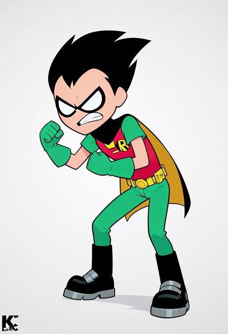 score_9, score_8_up, score_7_up, masterpiece, best quality, amazing quality, Robin_TTG, 1boy, solo, black hair, spiky hair, eye mask, kevlar-lined red shirt, green sleeves, short sleeves, "R" logo on shirt, yellow lines in center of shirt, green pants, skin tight pants, metal tipped boots, yellow belt, utility belt, green gloves, black and yellow cape, fighting pose, clenched teeth, angry, no pupils