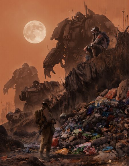 Art by Zhang Jing. A digital illustration shoot from a far camera angle about a post-apocalyptic scene featuring a humanoid figure standing on a pile of garbage in a desolate wasteland, surrounded by large, robotic figures. the scene is set against a smoky orange sky with a full moon in the background, and the ground is littered with rocks and debris. on the left side of the image, a man with a muscular build appears to be standing confidently, wearing a military uniform and holding a rifle, with a determined expression on his face. he is facing away from the viewer, while on the right side, another man is sitting on a rocky hillside, looking back over his shoulder with a contemplative expression. the man on the hill is wearing a helmet, goggles, and a backpack, and is also wearing a gas mask. in the foreground, there are several large, metallic figures, including a large robot with a robotic arm and a large gun, standing amidst the debris.
