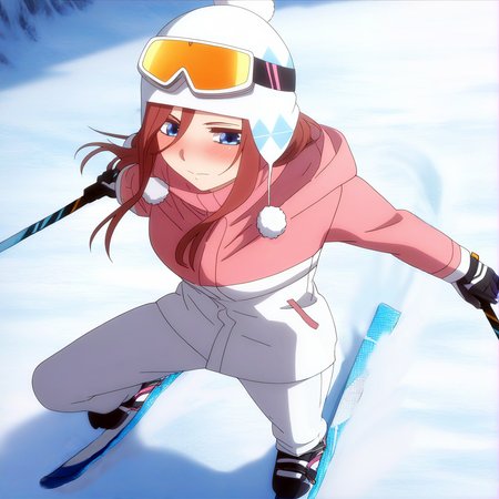 sharp focus, pixiv masterpiece, source_anime, score_9, score_8_up,  score_7_up, score_6_up, absurd res, BREAK
<lora:Miku_Nakano_Illustrious_v44-000013:0.9>,M1kuNakan0_Illu, 1girl,  pom-pom_winter_hat, ski_goggles, pink_winter_jacket, white_pants, blushing, winter_gloves, sunny, winter, ski slope, ski_boots, skis, standing on skis, skiing, full body, from above,