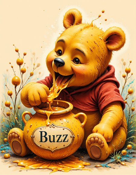 A playful illustration of Winnie the Pooh sitting with a honey pot labeled 'Buzz.' Heâs caught mid-lick, with his paw covered in honey, while golden drips of honey cascade down his arm. His expression is joyful and content as he savors the sweetness. The honey pot sits beside him, overflowing with thick, golden honey that glistens in the light. The warm, rich colors of the scene highlight the sticky, delightful nature of the moment, creating a whimsical and fun atmosphere. <lora:Midjourney_imitation_FLUX:0.7> <lora:style_of_Louis_Wain_FLUX_120:0.5> style of Louis Wain <lora:fluxenhancer:1> fluxenhancer
