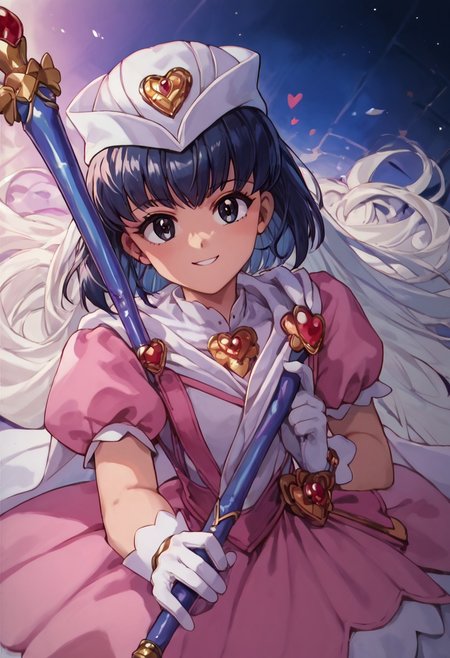 ultra-detailed), ((extremely detailed)), (high resolution), 4K, (8K), best quality, (beautiful), (dynamic lighting), (super detailed skin), sharp focus, (1_girl, solo focus), score_9,score_8_up,score_7_up,anime coloring BREAK source_anime,anime, , score_9, score_8_up, score_7_up, source_anime, rating_safe, intricate details, 1girl, <lora:Isara_Gunther:1>, isara, Dark blue hair, black eyes, short hair, score_9, score_8_up, score_7_up, score_6_up, score_5_up, score_4_up, detailed, intricate details, source_anime, , (best quality) , (highly detailed) ,((masterpiece)), ((best quality) ,magical girl, heart, puffy short sleeves, white gloves, dress, white headwear, short sleeves, puffy sleeves, staff, def,, laying, looking at viewer, smile, indoor, 
detailed eyes、detailed face and detailed skin <lora:add-detail-xl:1.0>