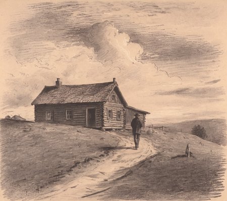 A monochrome chalk sketch of a solitary wooden cabin situated on a hill, with a person in the foreground walking towards it. The cabin has a dark, weathered exterior, a chimney, and a window. The person is dressed in a jacket and hat, and appears to be in motion. The sky is overcast, and the overall mood of the image is serene and contemplative.  <lora:Chalk_Sketch_SDXL_v1:1>