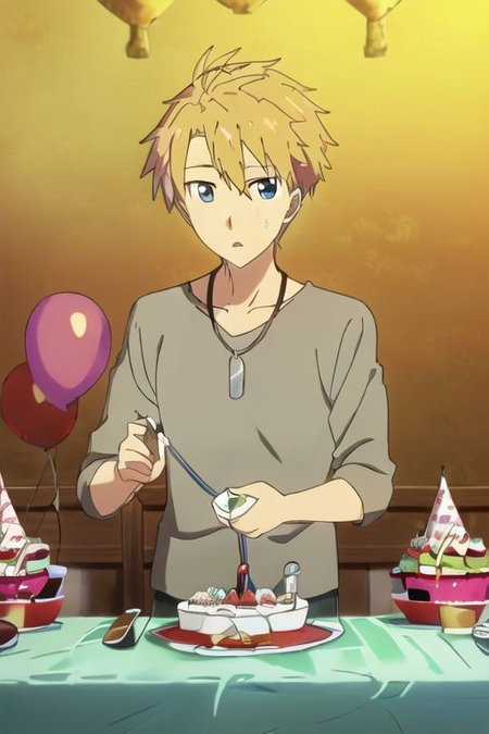 high resolution, professional photography, solo, best quality, 1Boy, Yamato Ishida, Blond Hair, Deep Blue Eyes, Necklace, surprise, birthday surprise, funny, birthday cake, birthday party, OverallDetail