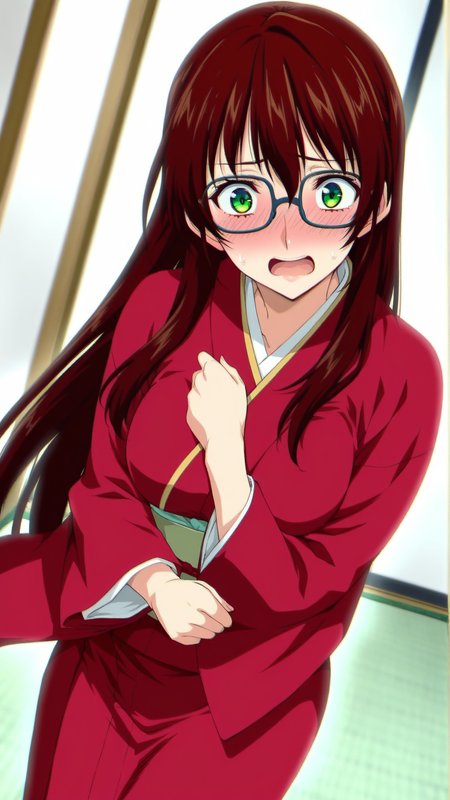 source_anime, genral, best quality, masterpiece, 1girl,  <lora:Suzune_Saijo_ill_v1.0:1> suzune_saijo\(srw\),green eyes,brown hair, long hair , Japanese Kimono, glasses, flustered, embarrassed,  dynamic pose, dutch angle, cowboy shot,