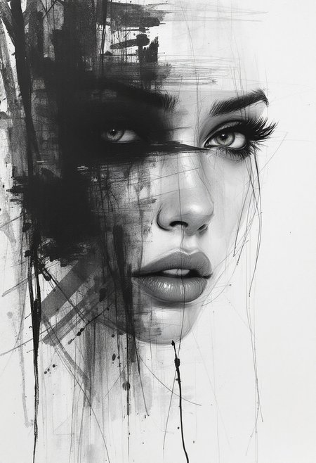 barely noticeable sketch a woman, dry brushstroke, avant-garde outline eyes, black graphite transparent