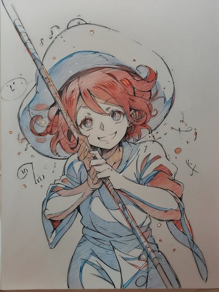 score_9, score_8_up, score_7_up, cute girl, musical note, tunic, magical staff, red hair, big hat, epic pose, light smile, bright pupils, particles around, splash art, pants, looking at viewer, cowboy shot, dynamic pose, smile, cute, wide shot, solo, dutch angle, simple background, very shy,
 <lora:KeyFrameXLP_Style:1>KeyFrameXLP, color trace, traditional media, sketch, colored pencil (medium), monochrome, txt, keyframe,
