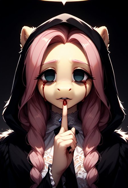 core_9, score_8_up, score_7_up, score_6_up, zPDXL3, (fluffy:1.2), (good_hands:1.4), (Fluttershy:1.3), (anthro:1.3), (pony:1.3), (wings:1.2), (black halo:1.2), GlowingHalo, (empty eyes:1.8), (bloody tears:1.4), close-up of face, (disheveled hair:1.2), Shuffling, (finger to mouth:1.2), (index finger raised:1.2), (character in dark monk's robes with intricate lace details, gothic design, flowing fabrics, heavy textures:1.9), (hood partially covering head, elaborate folds, deep shadows, intricate textures:2.0), (small nose:1.2), dark atmosphere, gothic, mysterious, cinematic lighting, (low-key lighting:1.3), (intricate details:1.3), (ultra-detailed face with balanced shadows and highlights:1.5), (smooth skin texture:1.2), (volumetric lighting:1.2), (subsurface scattering:1.2), (Unreal Engine 5:1.2), (sharp focus:1.3), (dynamic lighting:1.3), (micro-shadows:1.3), (dark tonal harmony:1.4), (subtle lighting gradients:1.3)