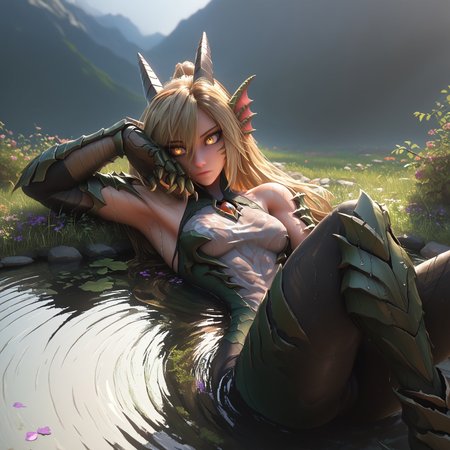 safe_pos, ((Score_9, score_8_up, score_7_up), masterpiece, perfect face, expressive eyes,(dragon girl),(full animal arms),(muscular arms:1.2),(monster arms:1.3),(big claws),(slit pupils),relaxed expression,relief,(looking away),lying in a pond, blonde hair, yellow eyes,(long tail),(slender figure),(tight clothes:1.1),forest and mountains scenery,pond,(close-up),relaxing,(soaking wet,wet clothes,wet skin,dripping water),bathing in a pond,hot water,steam,(shining eyes)