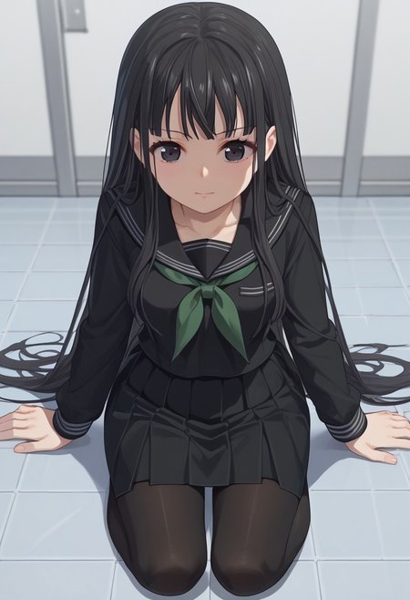 score_9, score_8_up, score_7_up, source_anime, 1girl, solo, byakuya rinne, black eyes, black serafuku, green neckerchief, black skirt, black pantyhose, tile floor