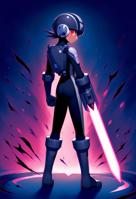 <lora:dark_megaman_V1-2:1>,dark megaman.exe,dark megaman.exe\(official\),1boy,male focus,weapon,helmet,energy sword,solo,sword,bodysuit,full body,standing,closed mouth,looking back,glowing,from behind,arm blade,boots,looking at viewer,glowing eyes,serious,clenched hand,dark aura,official art,masterpiece,high score,great score,absurdres,