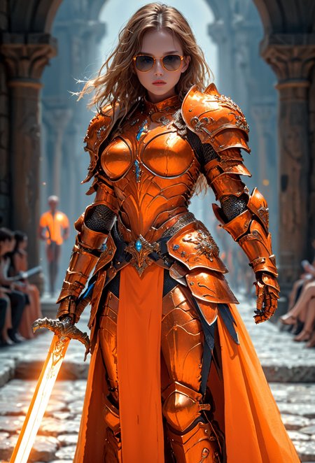 amazing quality, masterpiece, best quality, hyper detailed, ultra detailed, UHD, perfect anatomy, 
fashion show, model, stylish pose, wearing fantastic armor, orange armor, holding glowing sword, runway, stone road, (soft shades:1.3),
<lora:HKStyle:0.85>, HKStyle,
<lora:add-detail-xl:0.75>,
<lora:quality1:0.75>,
<lora:extremely_detailed:1.5>, extremely detailed,