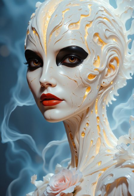 Close-up portrait of a statue of a woman. Her head and body are made of ivory and smooth with numerous, glowing, fine, hairline cracks covering the head and down her neck creating an organic mosaic pattern. She is biomechanical. Her eyes are an intense hazel color with black eyeshadow, and her lips are a rich, deep red color. A spot light focuses on her eyes, creating strong highlights and shadows. The light background is softly blurred showing a sea of white rose petals, but is blurred and out of focus so all visual attention is on the woman's eyes, nose and mouth. Her hair is stark white and falls around the lower half of the image. She is blending in with the background. She is looking at the viewer intensely. Blue and white smoke surround her body. She is like a bust. The overall impression is one of dramatic beauty, with an almost otherworldly quality.  (((ultra-realistic style))), realistic soft lighting, eye-catching, atmospheric lighting, smokey environment, natural, shallow depth of field, (highlights: 0.8), high detail (dynamic, sincere, cinematic shot, film grain, bokeh, depth of field)