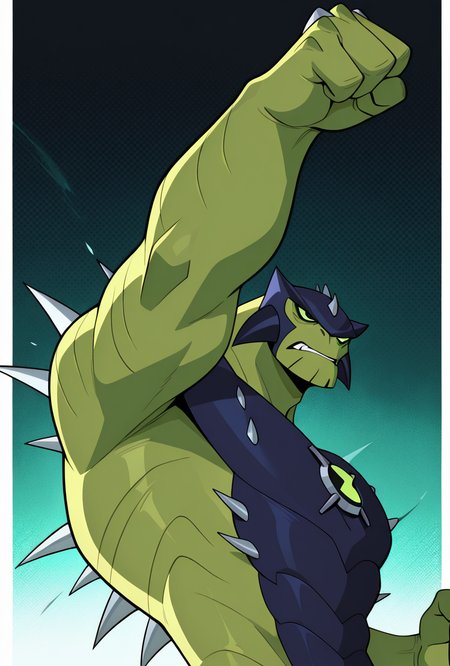 <lora:ulthum-09:1> ulthum, spikes, solo, no humans, green eyes, green skin, dynamic pose, upper body, action pose, masterpiece, best quality, amazing quality, very aesthetic, absurdres, newest,, upper body, halftone effect, white borders, abstract background:1.2,