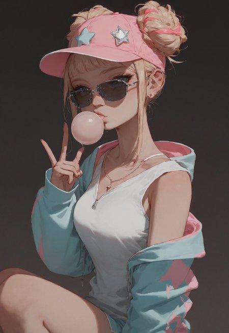 safe_pos, score_9,score_8_up,score_8,score_9,
(((pastel colors, high contrast, expressiveh))),
((1girl, skater girl, blond hair, buns, shades glasses, skater cap, baggy top tank, wwhite tank top, open oversize zip hoodie, bubble gum ball, squating, finger gesture, exposed knees, scretched knees)),
looking at viewer,
overflow,  sexy belly, masterpiece,
outdoors, in park background