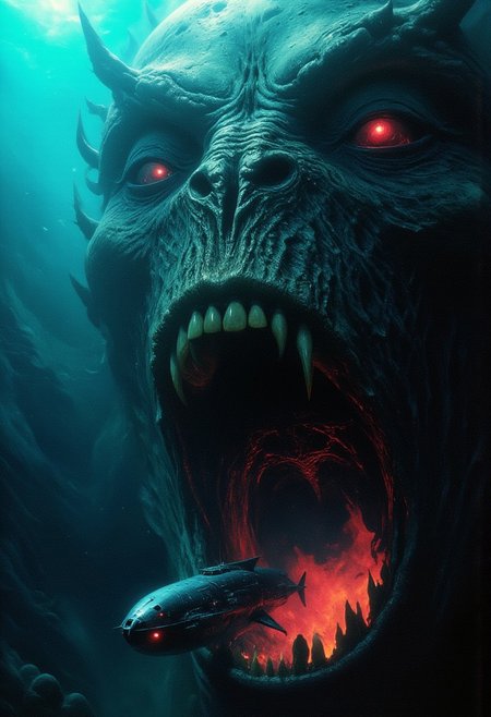 Envision a tense underwater scene where a submarine sails away from a colossal alien monster with an enormous, gaping mouth lurking in the abyss. The submarine’s sleek frame is captured in high detail, reflecting eerie, neon-acid colors from the surrounding water. The monstrous creature glows with vibrant hues, casting an ominous light that contrasts sharply against the dark, endless ocean depths. The scene is lit dramatically, in a dynamic Dutch angle and close-up, emphasizing the urgency and horror of the escape, with intricate textures and high-contrast reflections bringing this hard sci-fi concept to life.
best quality,masterpiece,detailed,award-winning,suspenseful,refraction,gloss,translucent water,  bubbles, in motion,underwater,submerged,low angle,light trails,remarkable,visually stunning,mesmerizing,red,yellow,cyan,color contrast
Moebius
John Harris
John Berkey