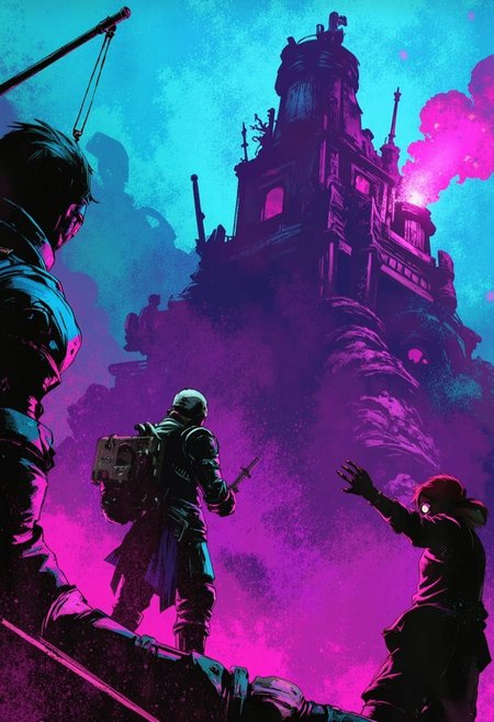 ArcaneFGTNR, Sci-fi mech, neon brushstrokes, vibrant electric tones, glowing patterns, futuristic textures, 
A towering fortress in the Lowlands, besieged by Shadow Beasts. The siege engines and battlements are silhouetted against a sky lit by otherworldly flames, casting everything in a somber blueish-purple glow., 
in the style of the decaying empire of Würstreich, dark magic and grotesque creatures abound, inspired by Sean Aaberg's punk aesthetic, dark fantasy world combines grim landscapes with vibrant, exaggerated colorful art, heroes skirmish monstrous foes in a setting where rebellion, decay, and mysticism intertwine, crafting a unique, immersive vibe
, radiant abstract, high-tech details, cybernetic brilliance, luminous fusion