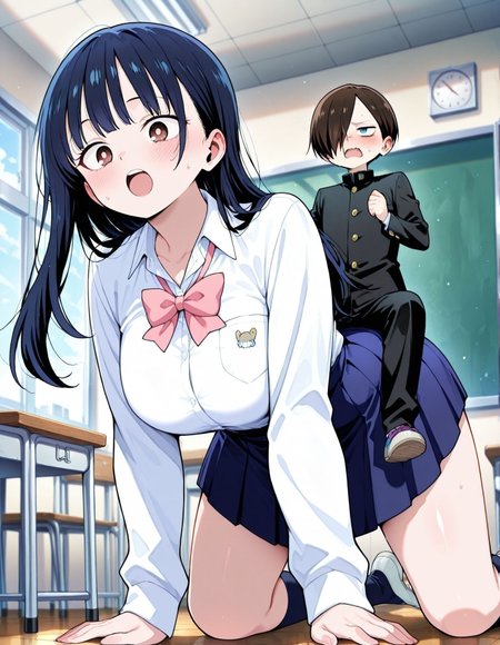 masterpiece, best quality, newest, absurdres, highres, detailed eyes, beautiful, detailed background, perfect eyes, anime coloring, anime screencap,
<lora:Small_Dom_Big_Sub:1>SDBS_V1, 
2girls, breasts, open mouth, 
Piggyback Riding on all fours,
size difference, 
classroom, 
Yamada Anna ,boku no kokoro no yabai yatsu, official art, 
ichikawa kyoutarou, 
school uniform,