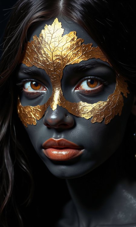 Close-up portrait of a woman. 
Her face is dark gray/black, with gold leaf-like accents covering the forehead, cheeks, and  the upper parts of her eyes and cheeks, creating a mask-like effect.  The gold leaf has a textured, detailed appearance. Her eyes are a light amber/brown color, and her lips are a rich, gold-colored lipstick. The lighting focuses on the face, creating strong highlights and shadows. 
The background is completely black, focusing all visual attention on the woman's face and the gold leaf mask. The hair is dark and falls around the lower half of the image. The overall impression is one of dramatic beauty, with an almost otherworldly quality.
<lora:FLUX-daubrez-DB4RZ-v2:1> DB4RZ, DB4RZ style painting