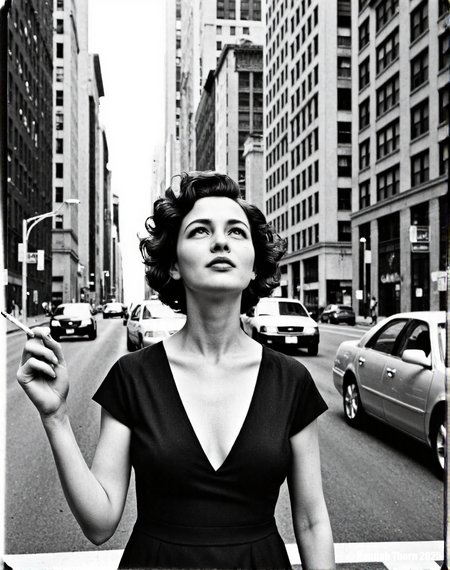 A realistic black and white photograph of a young beautiful brunette woman standing on a city street, wearing a black v-neck dress, with short curly hair, holding a cigarette in her hand, looking up at the sky, with tall buildings in the background, cars driving on the street, street signs on the buildings, daytime, medium shot, detailed face, realistic skin texture, film grain, high resolution, natural lighting, dramatic shadows, shot with a Leica camera, 50mm lens, f/2.8 aperture, 1/250 shutter speed, ISO 200, shot on Kodak Tri-X 400 film., <lora:_Flux\_Photographer\Helmut_Newton-000001.safetensors:0.8300000000000002:0.8300000000000002> <lora:_Flux\_Skin_Appearance\detailifier_flux-000006.safetensors:0.8300000000000002:0.8300000000000002> <lora:_Flux\_Skin_Appearance\Old_Beauty.safetensors:0.7500000000000001:0.7500000000000001>, A stunning black and white portrait of a young woman, her face partially obscured by a strip of 35mm film. The film runs vertically, bisecting her face, with the individual frames visible and adding an intriguing layer to the composition. Her expression is serene, eyes gazing slightly off-camera, framed by dark, wavy hair. The lighting is soft and diffused, creating subtle shadows that accentuate her features. The background is a soft, out-of-focus white, drawing attention to the subject. The overall mood is artistic and contemplative, evoking a sense of classic Hollywood glamour. The image is reminiscent of vintage photography, with a timeless quality. The contrast between the smooth skin and the textured film adds visual interest. The composition is simple yet effective, creating a captivating and memorable image., <lora:_Flux\_Photographer\Helmut_Newton-000001.safetensors:0.8300000000000002:0.8300000000000002> <lora:_Flux\_Skin_Appearance\detailifier_flux-000006.safetensors:0.8300000000000002:0.8300000000000002> <lora:_Flux\_Skin_Appearance\Old_Beauty.safetensors:0.7500000000000001:0.7500000000000001><lora:_Flux\_Photographer\Helmut_Newton-000001.safetensors:0.8300000000000002:0.8300000000000002> <lora:_Flux\_Skin_Appearance\detailifier_flux-000006.safetensors:0.8300000000000002:0.8300000000000002> <lora:_Flux\_Skin_Appearance\Old_Beauty.safetensors:0.7500000000000001:0.7500000000000001>