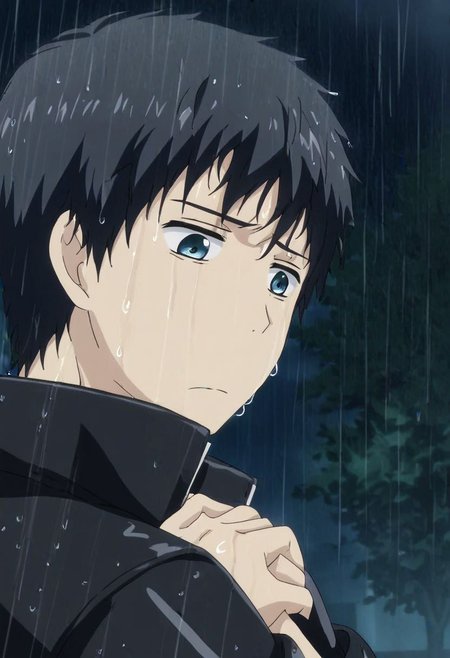high resolution, solo, best quality, 1Boy, Arata Kaizaki, Black Hair, Blue Eyes, heavy rain, night, looking down, sad, leather jacket, looking away, wet, wet hair, OverallDetail