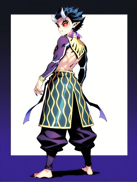 masterpiece, very aesthetic, best quality, solo, amazing quality, imtdzohakuten, 1boy, male, purple tassel, black hair, pointy ears, red sclera, yellow eyes, egyptian clothes, horns, covered arms, bracelet, pants, short hair, kanji pupils, barefoot, facial mark, spiked hair, fit body, toned, fangs, black nails, sharp fingernails, long sleeves, full body, from behind, looking back, closed mouth, cover, two tone background