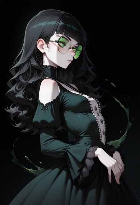 high_quality, highres, detailed, masterpiece, best quality, absurdres,Claudia, ClaudiaRH,  long black hair, wavy hair, blunt bangs, green eyes, big squared eyeglasses, small breasts, slim, pale skin, freckles, wearing Jedgthd, gothic dress, black lace , high neck, long ruffled sleeves, silver buttons, black background, side view, posing, green lenses,