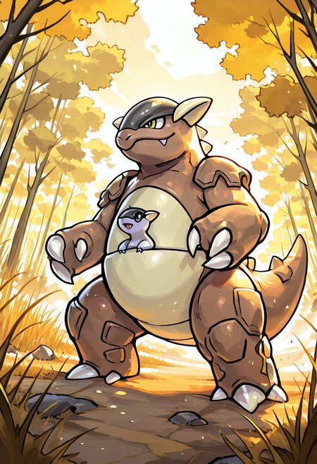 masterpiece, best quality, no humans,    zzKhan, kangaskhan, 1pokemon, pouch, green eyes, reptilian features, thick tail, standing, forest clearing, sunbeams, dust motes, tall grass, protective pose â zzKhan stands tall in a quiet forest glade, bathed in golden sunbeams slicing through the canopy. Motes of dust dance in the air as the massive PokÃ©mon surveys the clearing with a watchful, protective gaze. Tall grass brushes against her legs while her claws curl slightly in readiness, radiating silent strength beneath the leaves.     ,<lora:KangaskhanPokemon_IXL_v2:1.0>,