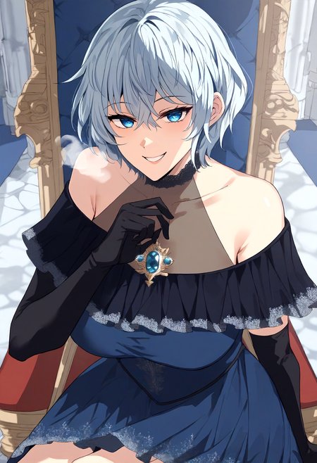 score_9, score_8_up, score_7_up, score_6_up, source_anime, rating_explicit, 1girl, solo, huge breasts, <lora:Levina Belfir Palos prefectPonyxl:1> hair between eyes, blue eyes, short hair, white hair, blue hair, grey hair, covered collarbone, blue gemstone, brooch, off-shoulder dress, long dress, black dress, blue dress, frills dress, lace-trimmed dress, halterneck, black gloves, elbow gloves, smile, grin, Narrow shoulders, heavy breathing, steaming body, castle, indoors, looking at viewer, sitting, on throne, crossed legs