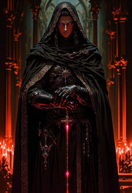 Medium-shot of a handsome young man with braided black hair stands in a candlelit stone cathedral. His has brown-crimson eyes, slightly eye_makeup, glowing faintly in muted neon purples and deep crimson hues. Dressed in a long black coat adorned with swirling Aztec sun motifs and silver embroidery, he exudes an air of dark royalty. A feathered headdress draped in shadow frames his head, while gloved hands grip a rosary made of glowing skull beads. The flickering candlelight and dense shadows create a gothic, otherworldly ambiance.g0th1cpnk, mythp0rt,aman0ayam1
<lora:sdxl_lightning_8step_lora:1>  <lora:masky-000009:0.3><lora:glowneon_xl_v1:0.6><lora:CulturePunkAI_1:0.5><lora:Dark_Anime:0.2><lora:CINE:0.3><lora:FluxMythP0rtr4itStyle:0.6> <lora:flux.1_lora_flyway_Epic-Characters_v1:0.6> <lora:Elden_Ring_-_Yoshitaka_Amano:0.33>