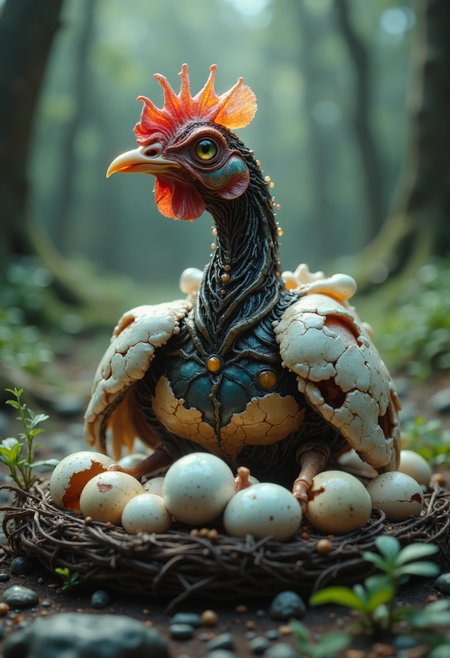 cinematic film still (chicken:1.5) made out of b10t4c34an, iridescent exoskeleton, (outdoors on a farm:1.5), (sitting on:1.45) a nest of cracked broken (alien eggs:1.75)  . shallow depth of field, vignette, highly detailed, high budget, bokeh, cinemascope, moody, epic, gorgeous, film grain, grainy