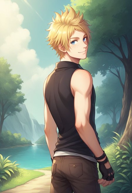 score_9, score_8_up, source_anime, highly detailed, 1boy, solo, male_focus,
prompto, 1boy, male focus, solo, blue eyes, blonde hair, gloves, fingerless glovesboots, freckles, looking back, shirt, sleeveless, smile,
outdoor,