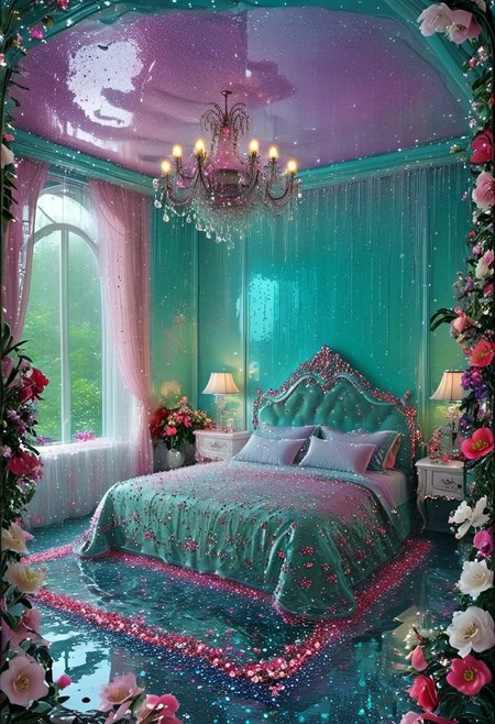 Light mood masterpiece photography, realistic, realistic photograph, crystal chandelier, lava lamps, rain inside bedroom, bedroom floor is water, flowers, trees, indoors, pond, swet flowers, glitter flowers, damp, pond inside bedroom, luxurious bedroom, bedroom, lots of jewelry, widescreen TV, gaudy, jewelry, flowers in hair,  Lisa Frank inspired, rainy scene indoors, fancy furniture, Lisa Frank colors, green dress, Lisa Frank inspired, vanity, makeup collection, bedazzled platform shoes, large shoe collection, maximalism, green and blue and pink, purple, flowers on bed, maximalist bedroom, soft rug, neon rug, bedroom like bedroom from Howl's Moving Castle, beaded curtains, crystal room decor, lots of clothes, 2000s, fuzzy beanbag