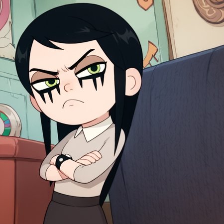 score_9, score_8_up, score_7_up, 1girl, black hair, long hair, green eyes, eyeliner, flat chest, narrow waist, looking at viewer, crossed arms, angry, highres, high quality, masterpiece, <lora:Dylan_Beekler:1>