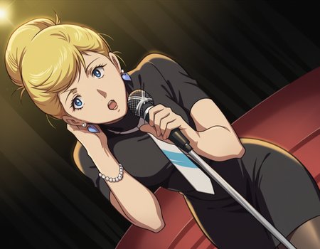 score_9, score_8_up, score_7_up, source_anime,
crowleyhamon, <lora:crowley-hamon-ova-ponyxl-lora-nochekaiser:0.7>,
crowley hamon, medium hair, blonde hair, blue eyes, hair over shoulder,
dress, jewelry, heart, pantyhose, earrings, necktie, hair bun, single hair bun, black dress, turtleneck, short sleeves,
stage, stage lights, microphone, microphone stand, singing, bent over, open mouth,
looking at viewer, cowboy shot, solo, dutch angle,