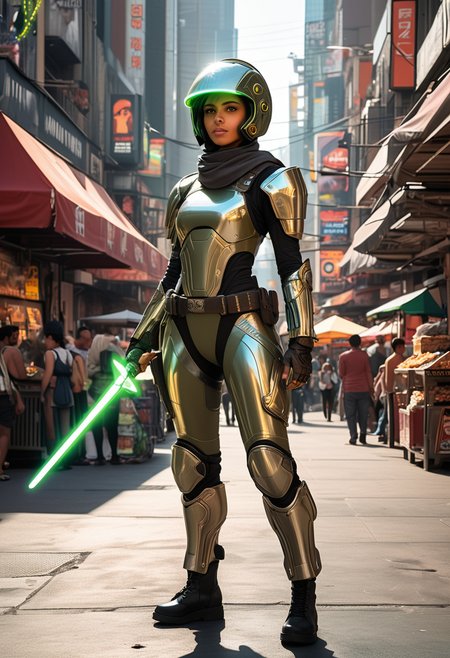 (medium full shot) of (strategic futuristic soldier) young woman, willowy build, short hazel hair, arabian, caramel skin, olive green eyes, wearing a full-face helmet with visor, Powered chrome armored jacket with tech enhancements with fusion reactor, reinforced combat pants, combat boots, (wielding a  glowing energy sword), energy shield energy blade gauntlets, set in  Marketplace, Bustling area with neon signs illuminating the crowded streets, holographic advertisements projecting above shops, automated vendor stalls serving diverse cuisines, bustling crowds of pedestrians, vehicles whirring overhead , at sunset, ,Masterpiece,best quality, raw photo, realistic, very aesthetic
