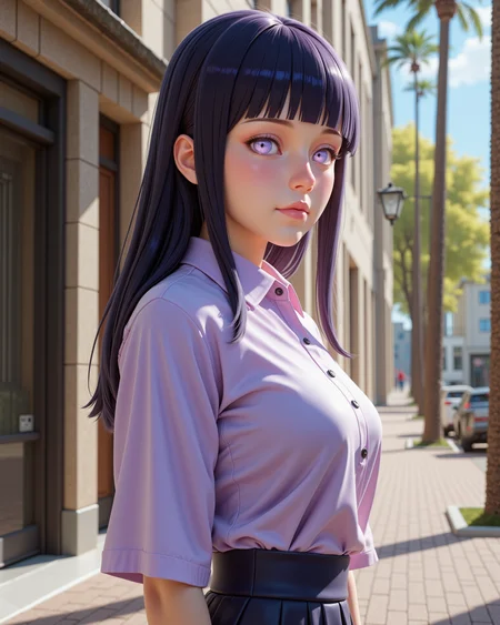 -looking at viewer, outdoors daylight, a 20 year old adult mature woman.
3d CGI Style,  side view photo of.
<lora:Naruto_-_Hinata_v2-000030:1> n-hinata, purple eyes, blunt bangs, black hair Cotton midi skirt with an A-line cut, button-down front, and high waist
Upper Body view passport style