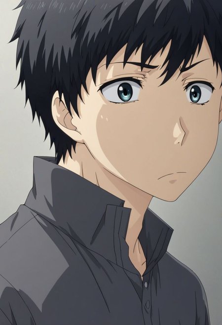 high resolution, solo, best quality, 1Boy, Arata Kaizaki, Black Hair, portrait, looking at viewer, focused gaze forward, upper body, head upright, anxiety, OverallDetail