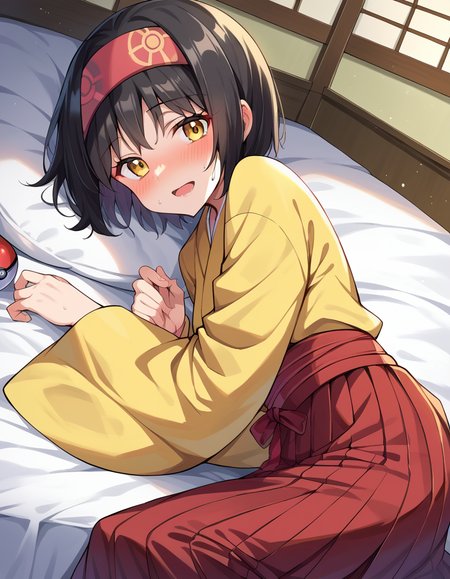 score_9, score_8_up, score_7_up, source_anime,
pokemonerika, <lora:pokemon-erika-ponyxl-lora-nochekaiser:1>
pokemonerika, yellow eyes, black hair, headband, short hair,
japanese clothes, kimono, hakama, red hakama, long sleeves, wide sleeves,
indoors, bed, bed room, on side, blush, drunk,
looking at viewer, cowboy shot, dutch angle,