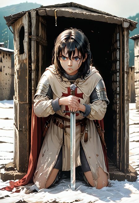 (score_9, score_8_up, score_7_up, score_6_up highest score, best quality:1.2), zPDXL3, good_hands, hi-res. 8k, adult, 1girl, black hair, medium hair, blue eyes, serious, standing BREAK <lora:Knighthood_Templars_PONY_edition:1> templar knight, armor, chainmail, cape, holding sword, full body, BREAK <lora:Both hand planted sword (pony) v1:1> both-hand-hilt, planted sword, hands on hilt, holding sword BREAK column, ancient ruins (outdoors:1.3), front view, (high quality:1.1), (ultra detailed:1.4), 
, <lora:pony_good_hands:0.7>, <lora:add-detail-xl:1>, <lora:xl_more_art-full_v1:0.5>