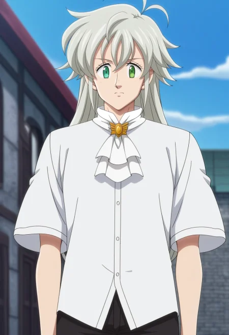 masterpiece, best quality, anime screencap, official style, anime coloring, cowboy shot, 1boy, solo, male focus, <lora:tristan_liones_ilxl:0.98>, tristan_liones, grey hair, green eyes, long hair, ahoge, white shirt, white ascot,