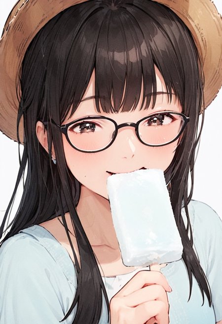 masterpiece, best quality, very aesthetic, absurdres,
garigarikun, 1girl, solo, glasses, straw hat, sundress, black hair, long hair, holding food, holding, happy, smile, food, eating,
 <lora:garigarikun_SDXL_V1:1>