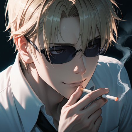 masterpiece, best quality, amazing quality, absurdres, newest, detailed background, definition so sharp, Ultra-HD, 8K cinematic, very awa, impressionate, amazing quality, highres, 
solo, male focus, manly, 
1boy, short hair, izumo_blonde, izumo_brown eyes, izumokusanagi, sunglasses \(on face\), holding cigarette, smoke, intricate smoke, ethereal, soft light, dark background, slight smirk, alluring, pensive, calm, cool colors, blue light, close up, thoughtful expression,