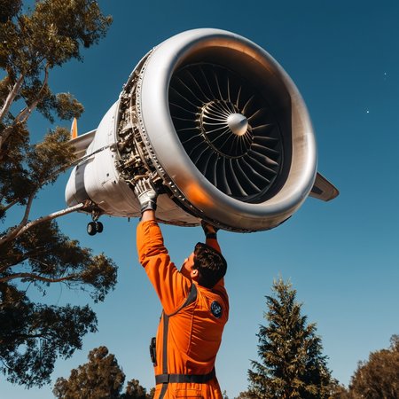 <lora:add-detail-xl:1>
<lora:detailed:0.3>
<lora:perfection style:0.3>
<lora:xl_more_art-full_v1:0.3>
 <lora:Donnie Darko film style:1>
a construction man in an orange shirt is lifting up a large airplane engine,multiple,signature,tree,helmet,star (sky),science fiction,realistic,space,planet,earth (planet),spacesuit,astronaut , cinematic, film, Donnie Darko film style