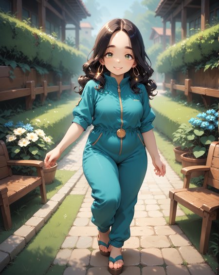 score_9, score_8_up, score_7_up, score_6_up, source_anime, rating_safe, ah1, 1girl, (curly hair), long hair, (black hair), mature female, (parted hair:1.7), (round face), (no_bangs:1.3), (no_fringe:1.6), looking at viewer, (thick eyebrows), (curvy), round-chin, (greenish hazel eyes), caucasian, (downturned eyes), <lora:ETO_OCPonyXL:0.5> eto_oc, skindentation, plump, thick thighs, wide hips, busty, voluptuous, kinky curls, lips, bad-hands-5, (standing on one leg), (Persimmon Jumpsuit, wedge sandals, clutch, hoop earrings, sunglasses), (in Garden, Stone pathway winding through carefully tended plants, decorative bridge over a small stream, stone lanterns, wooden bench, miniature rock garden), (friendly, gentle, smiling), <lora:venus body PonyXL:0.8>, <lora:xl_more_art-full_v1:0.4>, <lora:shinyskin2:0.3> glistening skin, <lora:aesthetic_anime_v1s:0.4>, <lora:Expressive_H:0.4> Expressiveh, <lora:hairdetailpxl:0.4> hairdetailpxl, <lora:EpicF4nta5yXL:0.4>, <lora:detailxl:0.4> detailxl, <lora:Fant5yP0ny:0.4>, best quality, amazing quality, best aesthetic, absurdres, <lora:expressive eyes:0.4> expressive eyes, (Eye-level angle (from behind) view medium Close shot (focus on head)), <lora:eyedetailpxl:0.4> eyedetailpxl,