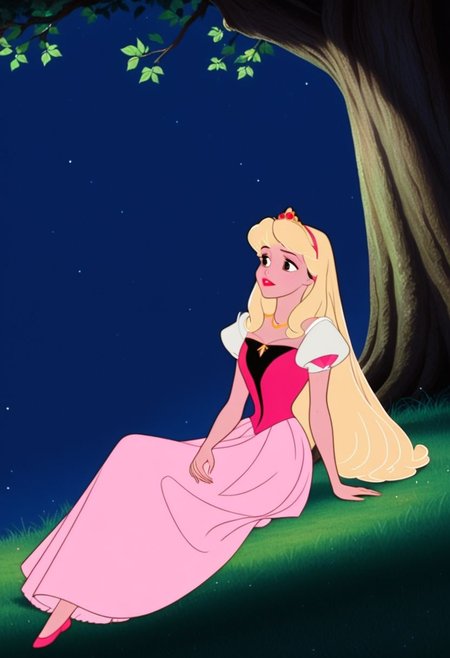 Classic Disney Anime,   SleepingBeauty, Aurora, original style, briwn dress, sitting under a tree, night time, looking up, looking the stars, dreamy, thoughtful