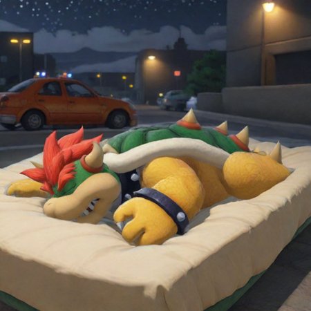 Bowser sleeping on bed, cars passing by. Anime style <lora:Bowser-cai:1> <lora:LCMSDXL:1>
