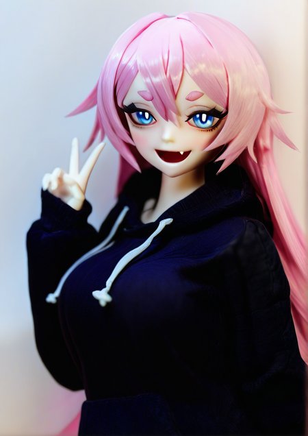 <lora:GRANADO:1.4>,1girl, rozaliya olenyeva, huge breasts, detailed background, nomal style, :d, black hoodie, blue eyes, bright pupils, drawstring, fang, hair between eyes, hand up, hood, hood down, hoodie, long sleeves, looking at viewer, pink hair, puffy long sleeves, puffy sleeves, short eyebrows, sleeves past wrists, slit pupils, smile, solo, thick eyebrows, upper body, v, white pupils, 
very awa, masterpiece, best quality, highres, absurdes,amazing quality