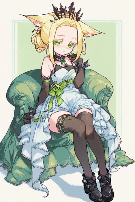 score_9, score_8_up, score_7_up, score_6_up,
 <lora:TOXIC_RAMEN:1> toxra, 1girl, green eyes, solo, blonde hair, animal ears, black footwear, crown, gloves, thighhighs, elbow gloves, forehead, sitting