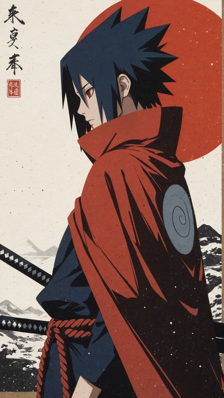 1boy, uchiha sasuke, (edo style:1.3), ,(japanese ink painting:1.3), ((minimalism)) portrait, <lora:add-detail-xl:1>,
masterpiece,best quality,
lone warrior, black hair, spiked hair, crimson red eyes, detailed eyes, dressed in a dark layered cloak with flowing fabric, multiple katanas strapped to his back, intricate rope belt tied around waist,
standing in a snowy battlefield, intense, brooding expression, large red sun in the background, minimal yet dynamic composition, subtle snowfall, epic, cinematic atmosphere, highly detailed anime illustration, textured brushwork,
from the side, side profile
