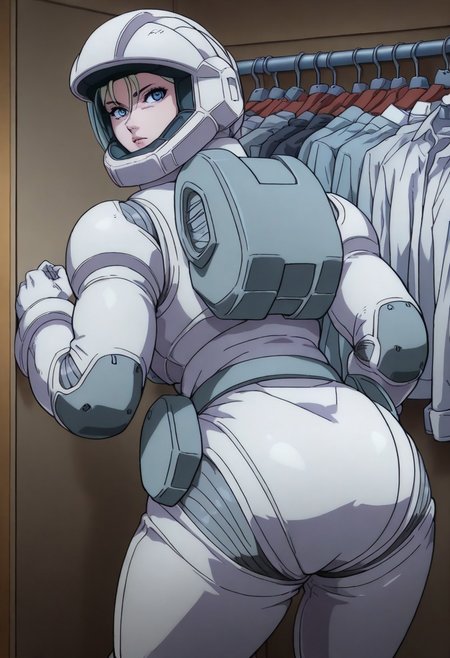 masterpiece, best quality, good quality, GTBClaudia, 1girl, solo, blonde hair, blue eyes, white spacesuit, gloves, helmet, from behind, looking back, looking at viewer, ass, ass focus, BREAK, indoors, closet, clothes hanger